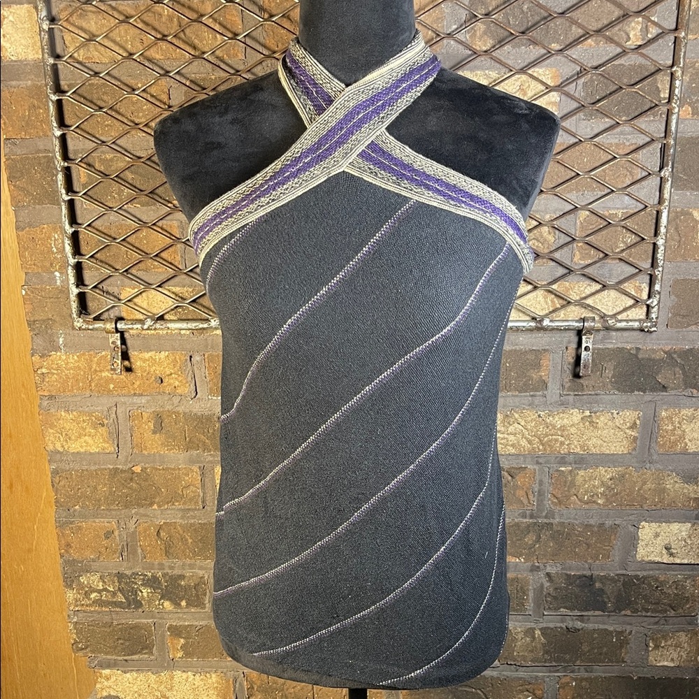 LAUREN Ralph Lauren Linen Blend Black Halter Top with Purple Trim M